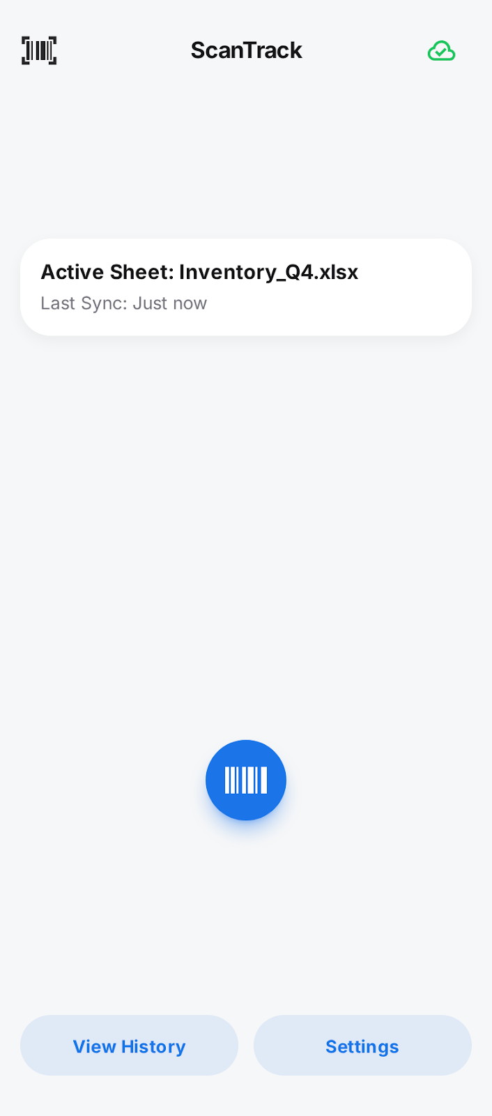 ScanTrack app interface showing barcode scanning